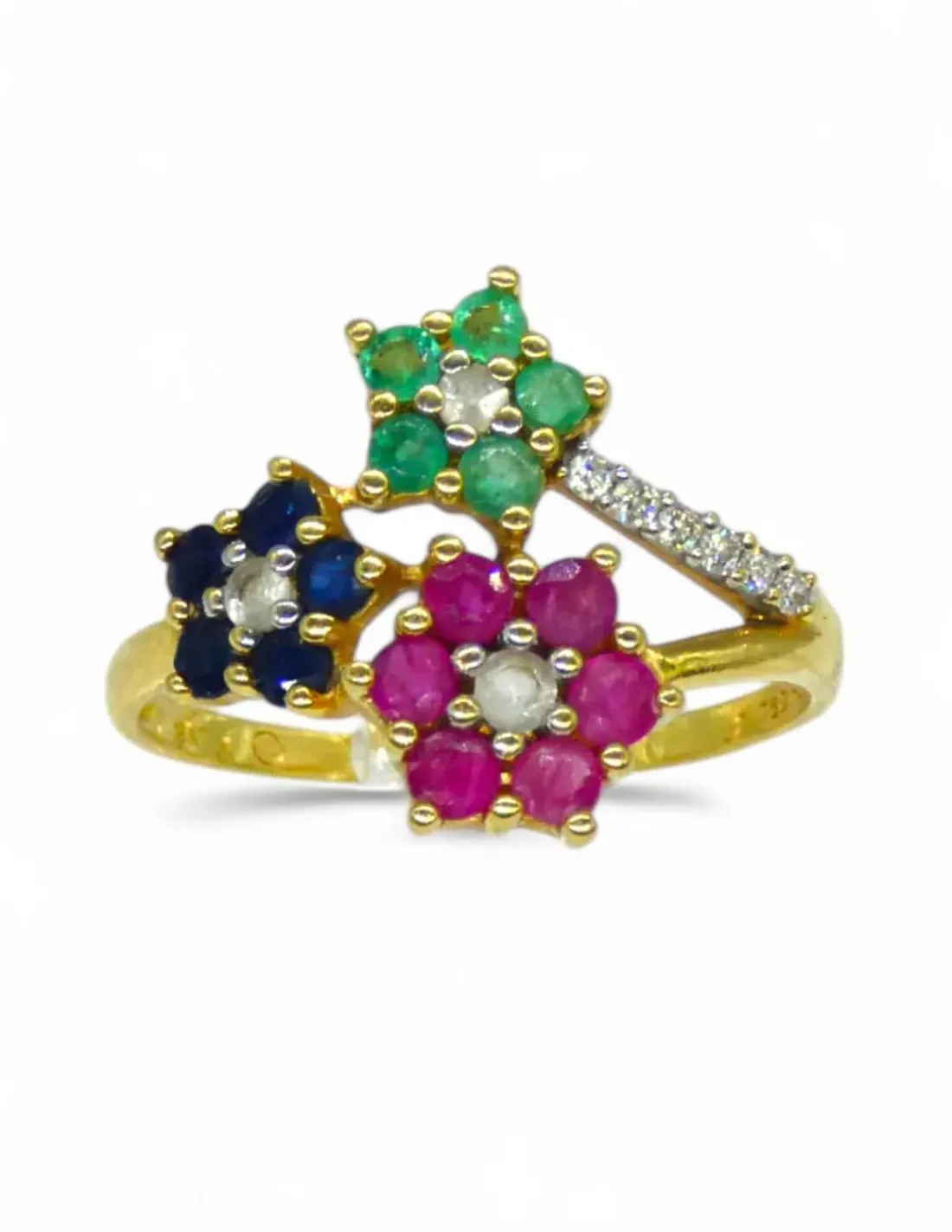 Discount Anillo tres flores circonitas de colores y puntas de diamante oro 18k - T.19 Anillos Con Brillantes | Anillos De Oro
