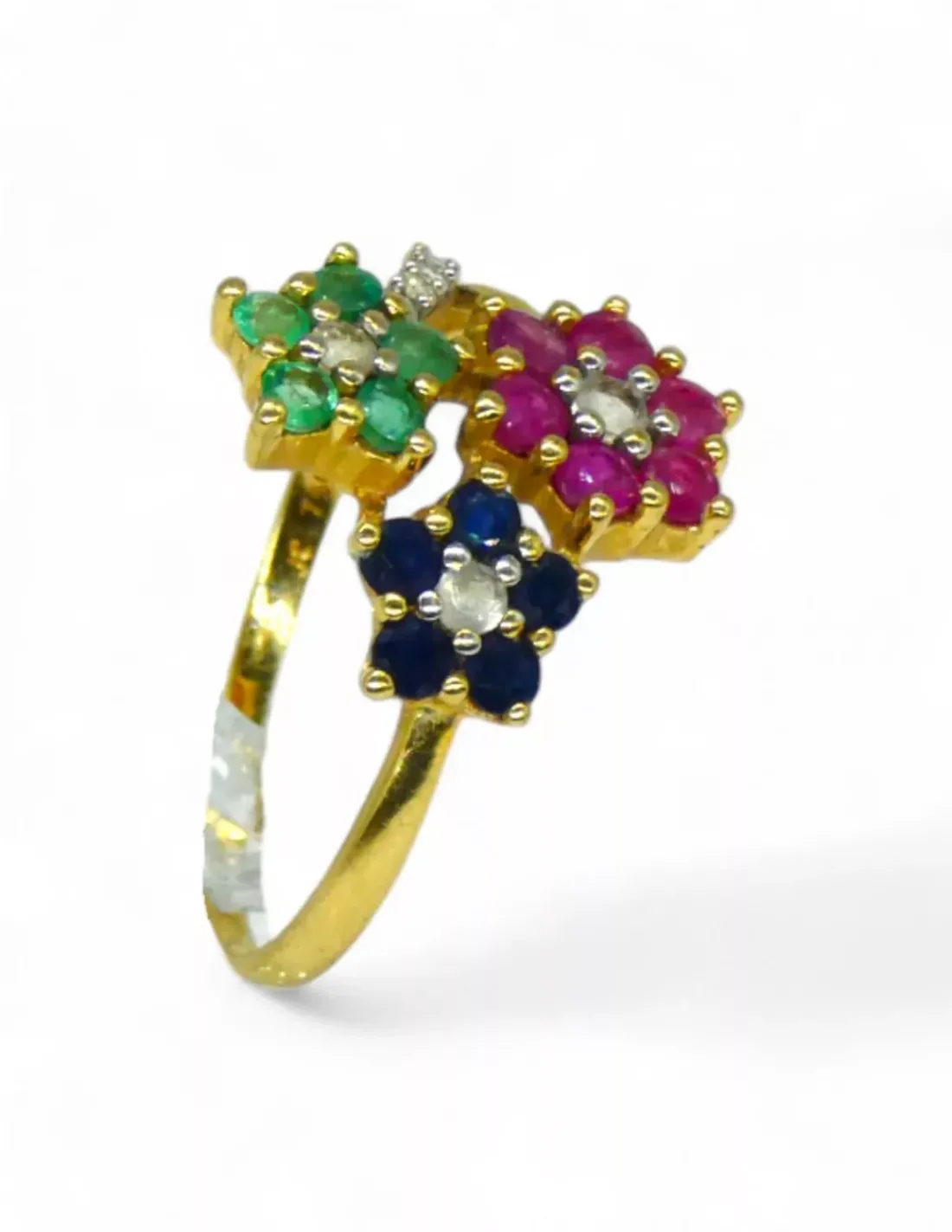 Discount Anillo tres flores circonitas de colores y puntas de diamante oro 18k - T.19 Anillos Con Brillantes | Anillos De Oro