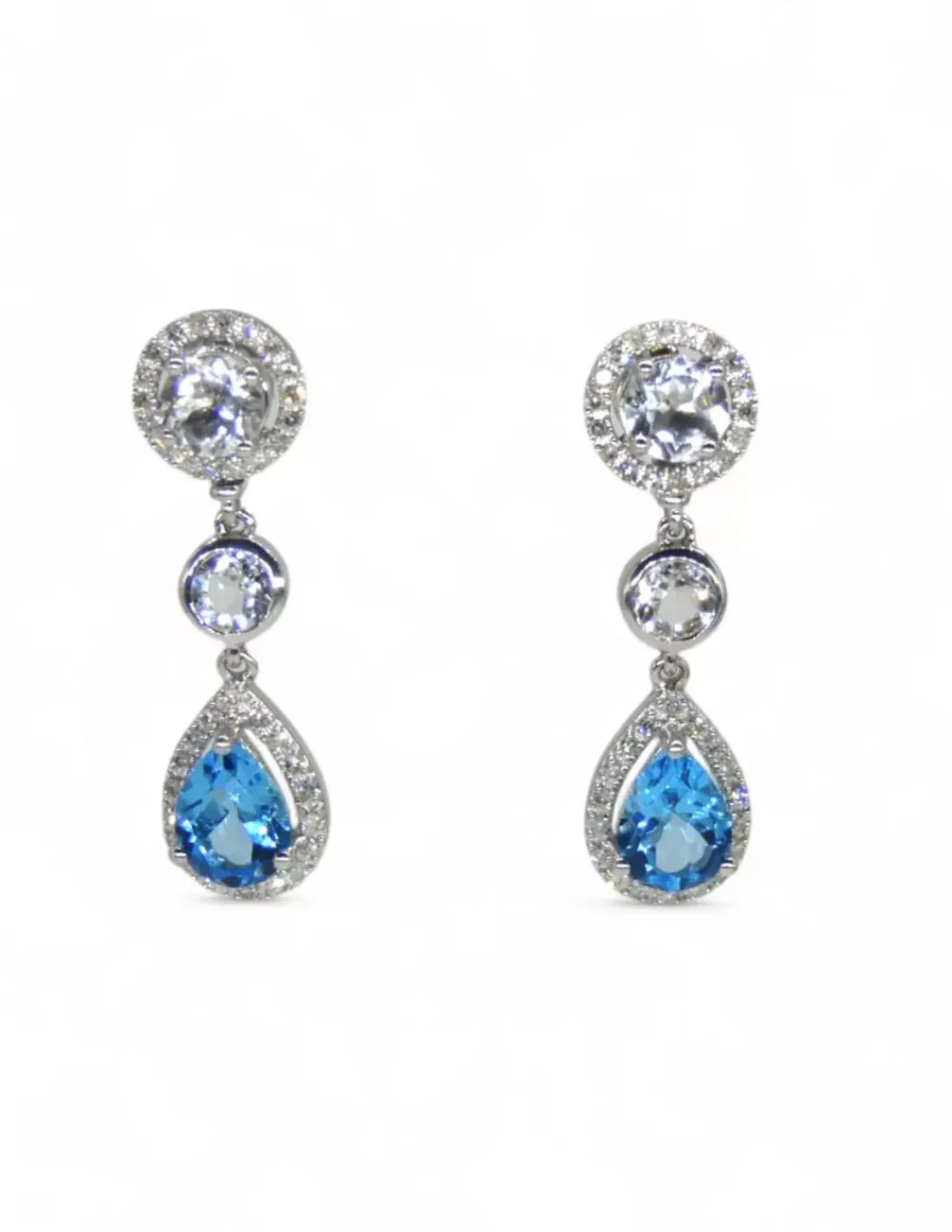 Outlet Pendientes largos oro blanco circonitas y piedra azul 18k Pendientes De Oro