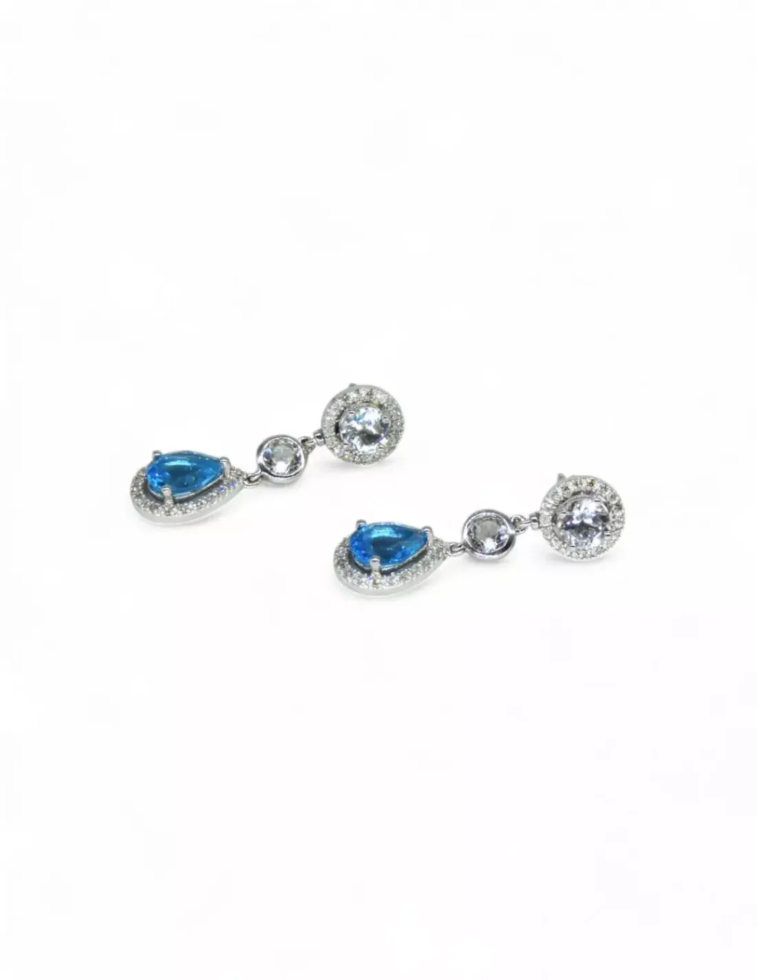 Outlet Pendientes largos oro blanco circonitas y piedra azul 18k Pendientes De Oro