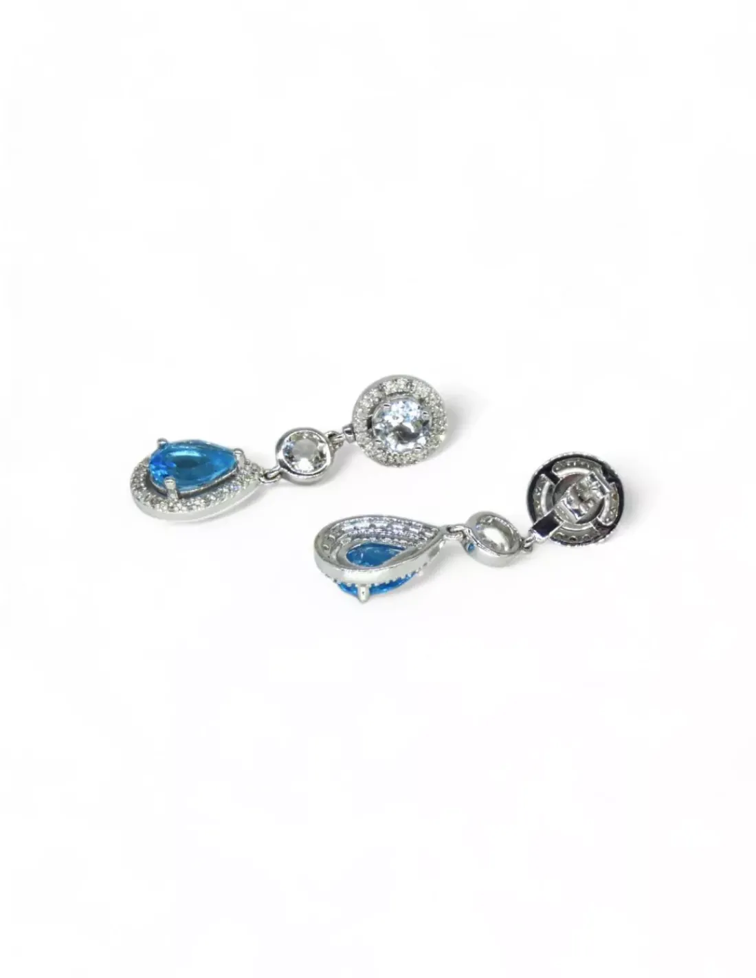Outlet Pendientes largos oro blanco circonitas y piedra azul 18k Pendientes De Oro