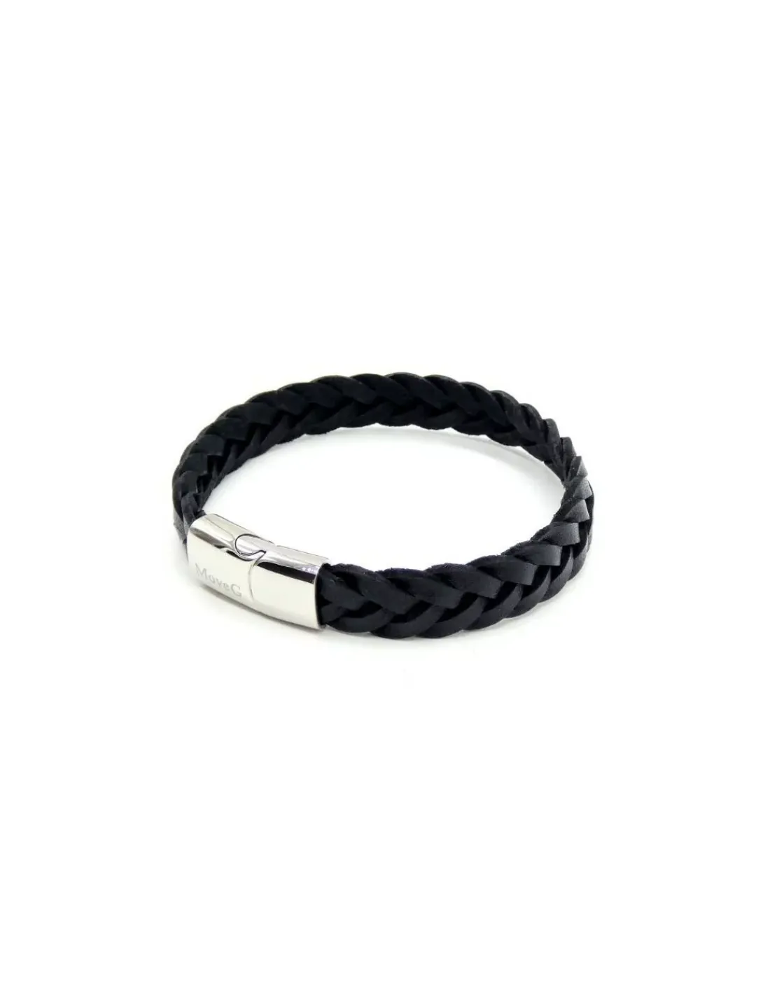 Fashion Pulsera trenzada plana piel negra cierre acero - 22cm Pulseras De Oro