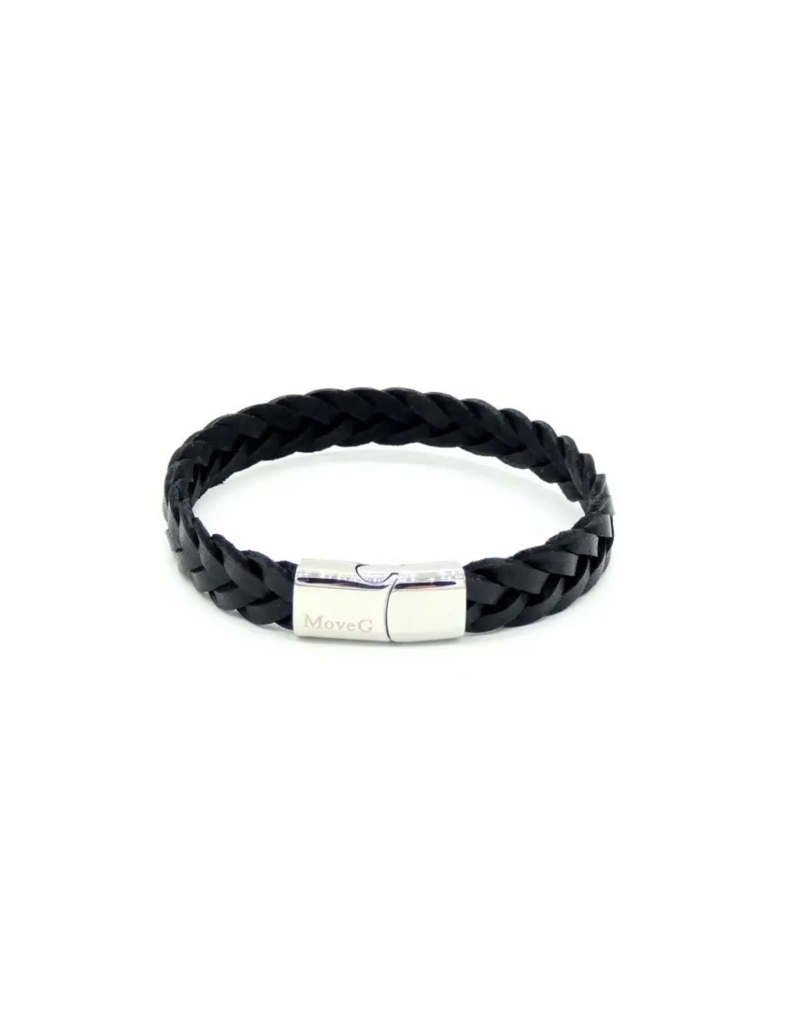 Fashion Pulsera trenzada plana piel negra cierre acero - 22cm Pulseras De Oro