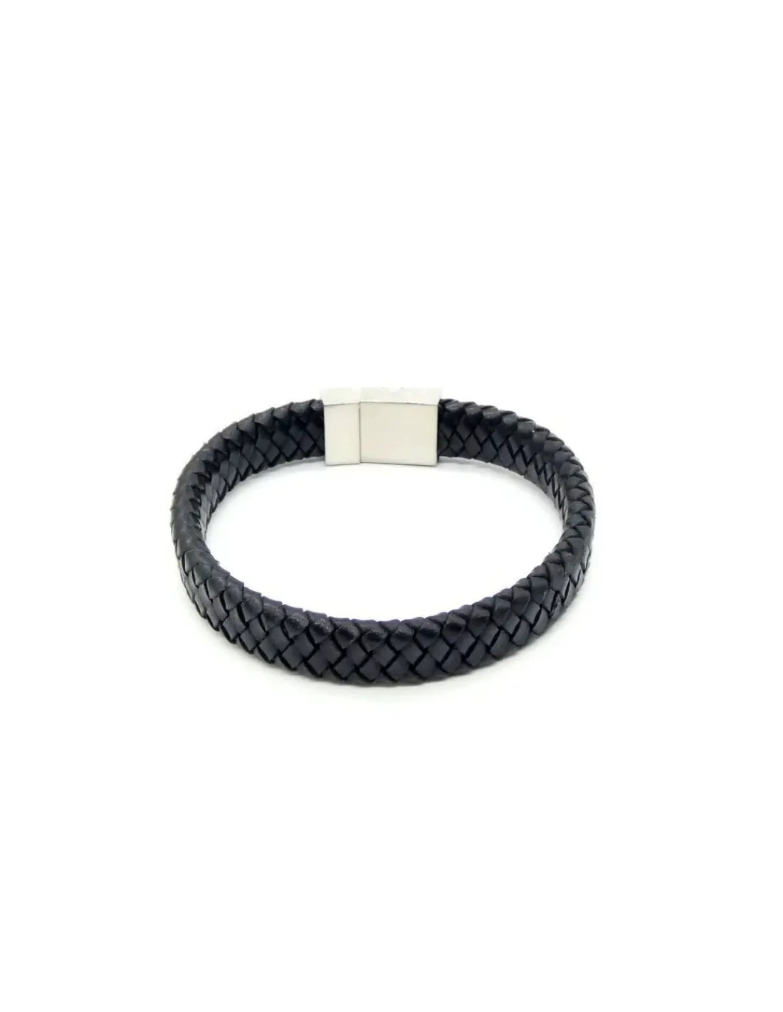 Hot Pulsera trenzada plana piel negra cierre acero ancho - 22cm Pulseras De Oro